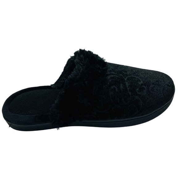 Isotoner Womens Slide Slippers Size L/9 Black Faux Fur Rose Pattern Memory Foam - Picture 1 of 11
